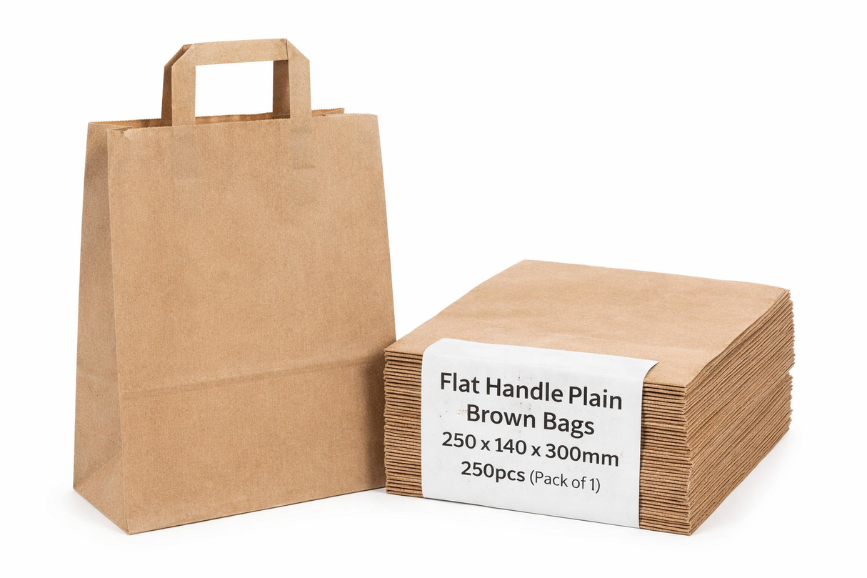 Flat Handle Plain Brown Bags 250 x 140 x 300mm 250pcs (Pack of 1)