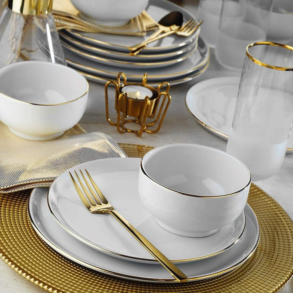 Porland Almina 18 Piece White/Gold Porcelain Dinner Set