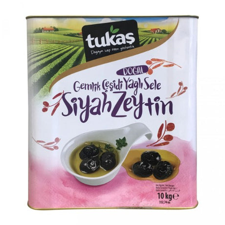 Tukas Gemlik Black Olives-Yagli Sele [Tin] , 10KG - Aytac Foods Wholesale