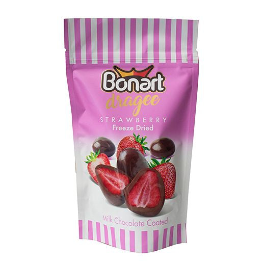 Jm Bonart Dragee Milk Choc. Coated Freeze Dried Strawberry Bag 80Gr (80GR) x 12 - Aytac Foods Wholesale