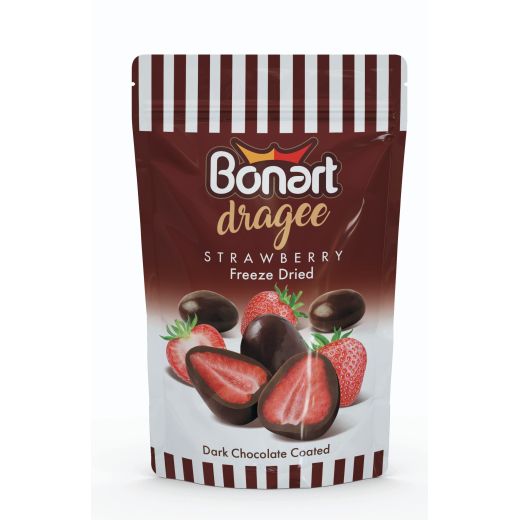 Jm Bonart Dragee Dark Choc. Coated Freeze Dried Strawberry Bag 80Gr (80GR) x 12 - Aytac Foods Wholesale