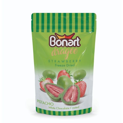 Jm Bonart Dragee White Choc. Coated Freeze Dried Strawberry Bag 80Gr (80GR) x 12 - Aytac Foods Wholesale