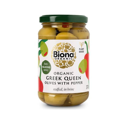 Gd Biona Organic Greek Queen Olives Stuffed With Red Pepper In Brine (370g) product image