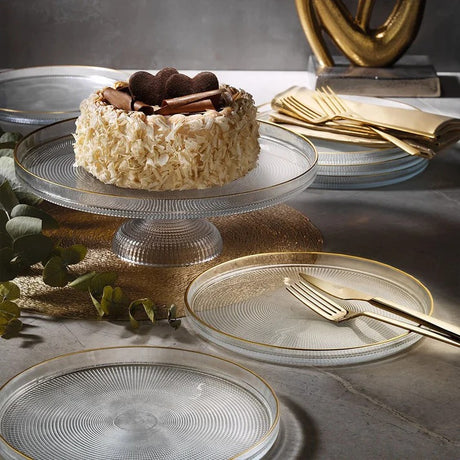 Fecra Loren 7 Piece Glass Serveware 21Cm Plates Set With Cake Stand Gold