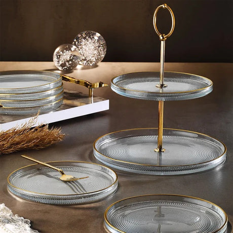 Fecra Loren 7 Piece Glass Serveware 16Cm Plates Set With Tiered Cake Stand Gold