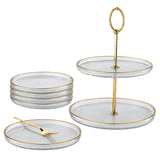 Fecra Loren 7 Piece Glass Serveware 16Cm Plates Set With Tiered Cake Stand Gold